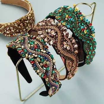 Женский ободок для волос в стиле барокко, супер блестящий браслет с драгоценным камнем, роскошный винтажный головной убор с тяжелыми широкими краями OneSize зелёный