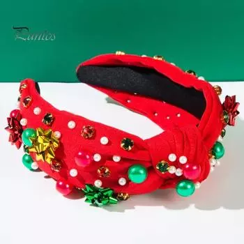 Женский обруч для волос со стразами, искусственный жемчуг, рождественская повязка на голову, красный, зеленый, пэчворк, цветной головной убор, праздничный аксессуар красный
