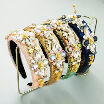 Женский обруч для волос в стиле барокко, винтажный повязка на голову в стиле тяжелого искусства, украшенный блестками, инкрустированный стеклянным головным убором OneSize розовый