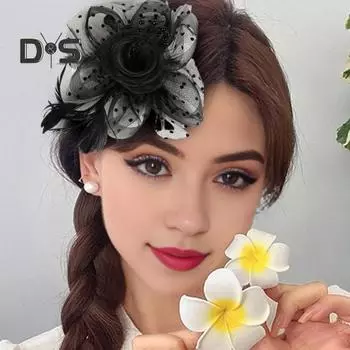 Женский обруч для волос, заколка для волос, цветы, перья, ретро-сетка, повязка на голову из искусственного жемчуга, головной убор для выпускного вечера, головной убор с зажимом чёрный