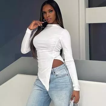 Женский обтягивающий свитер с круглым вырезом, однотонная футболка с длинным рукавом и складками, нестандартной формы S чёрный