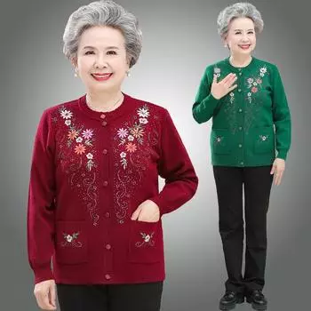 Женский однобортный тонкий свитер, пальто, вязаный кардиган с вышивкой для среднего и старшего возраста XXXL