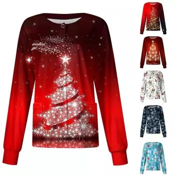 Женский однобортный защитный комбинезон с длинным рукавом и рождественским принтом, карманный рабочий воротник-стойка, кардиган, куртка, топ L белый