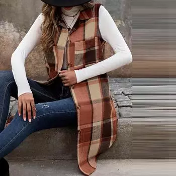 Женский однобортный жилет с лацканами в разноцветную клетку, элегантный жилет на осень-зиму, верхняя одежда S хаки