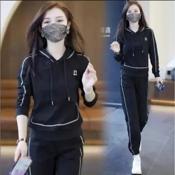 Женский однослойный комплект на весну и осень, свитер с капюшоном + теплые длинные брюки, комплект из 2 предметов 5XL