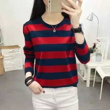 Женский однослойный свитер на весну и осень с круглым вырезом и длинным рукавом, офисный низ, свитер больших размеров, полосатый верх 4XL