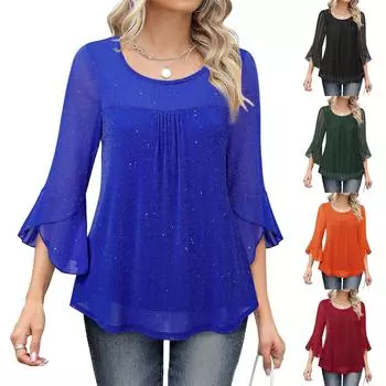 Женский однотонный элегантный топ с круглым вырезом, рукавами три четверти и оборками на рукавах, расшитый пайетками L чёрный