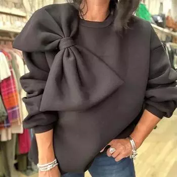 Женский однотонный бант милый пуловер с длинным рукавом круглый вырез свободный свитшот осень мода повседневный простой универсальный свитер S чёрный