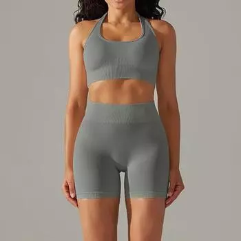 Женский однотонный бесшовный комплект из двух предметов для спортзала, эластичный спортивный костюм, леггинсы с высокой талией, брюки для фитнеса, бесшовные подъемные комплекты L темно-серого