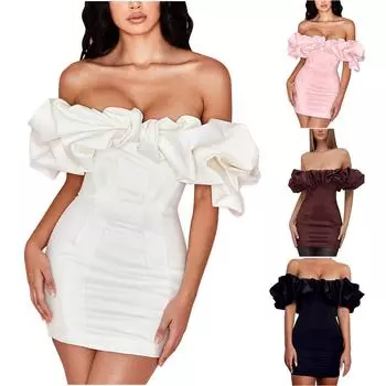 Женский однотонный бюстгальтер, сексуальное облегающее платье с открытыми плечами и запахом на бедрах L чёрный