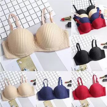 Женский однотонный бюстгальтер в вертикальную полоску, сексуальный беспроводной бюстгальтер пуш-ап с полной чашкой, корейский стиль