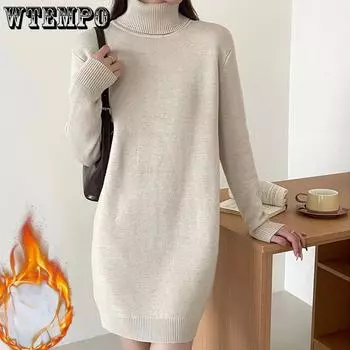 Женский однотонный цельный бархатный свитер с утолщенным трикотажным платьем, теплое трикотажное повседневное платье средней длины с длинными рукавами и высоким воротом, пуловер S чёрный