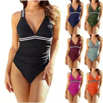 Женский однотонный цельный купальник бикини с v-образным вырезом в стиле пэчворк (множество) M чёрный