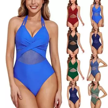 Женский однотонный цельный купальник бикини с подвесным вырезом L чёрный