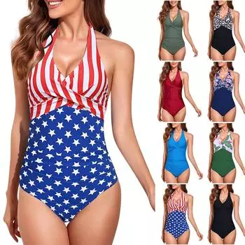 Женский однотонный цельный купальник с плиссированной подвесной горловиной XL синий