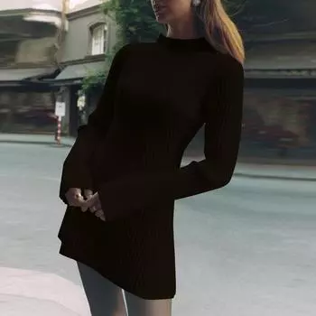 Женский однотонный цветной темпераментный круглый вырез свободный свитер трикотажное платье L чёрный