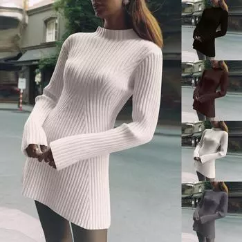 Женский однотонный цветной темпераментный круглый вырез свободный свитер трикотажное платье L чёрный