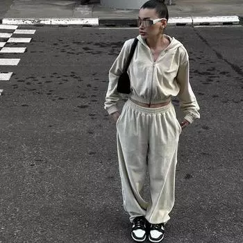 Женский однотонный длинный рукав с капюшоном и V-образным вырезом, толстовка с капюшоном, костюм на осень-зиму, свободный топ, широкие брюки M абрикосовый