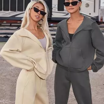 Женский однотонный длинный рукав с капюшоном и V-образным вырезом, толстовка с капюшоном, костюм на осень-зиму, свободный топ, широкие брюки S темно-серого