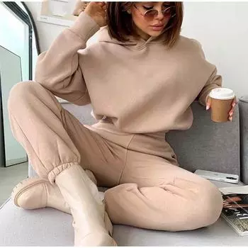 Женский однотонный длинный рукав с капюшоном и круглым вырезом, толстовки, костюм осень-зима, свободный топ, широкие брюки S абрикосовый