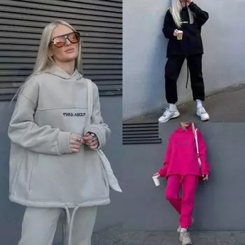 Женский однотонный длинный рукав с капюшоном и круглым вырезом, толстовки, костюм осень-зима, свободный топ, широкие брюки S серый