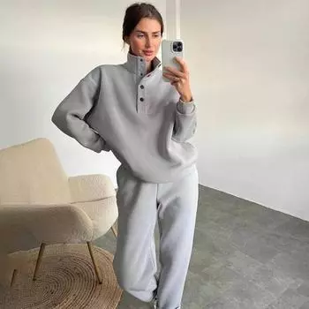 Женский однотонный длинный рукав воротник-стойка толстовка костюм осень зима свободный топ широкие брюки L