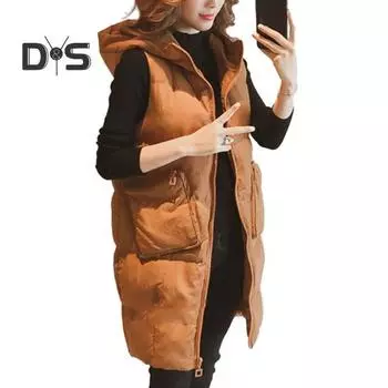 Женский однотонный длинный жилет осень-зима с капюшоном, без рукавов, карманами, застежкой-молнией, жилет, пальто с хлопковой подкладкой, верхняя одежда M