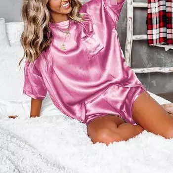 Женский однотонный домашний костюм с круглым вырезом и коротким рукавом, домашний костюм, пижама, топ, брючный костюм S розовый