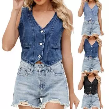 Женский однотонный джинсовый жилет с V-образным вырезом на пуговицах L чёрный