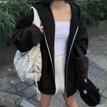 Женский однотонный кардиган, корейский свободный свитер с капюшоном, плюшевое повседневное пальто на молнии, весенне-осеннее свободное пальто