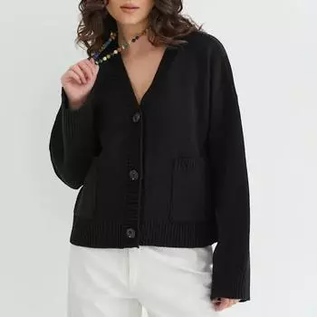 Женский однотонный кардиган крупной вязки с V-образным вырезом и карманами, куртка-свитер L чёрный