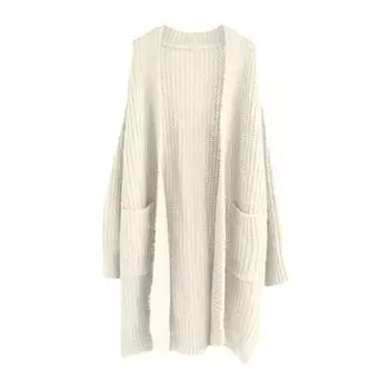 Женский однотонный кардиган машинной вязки с длинным рукавом до колена, ленивый тренд, куртка для волос средней длины L бежевый