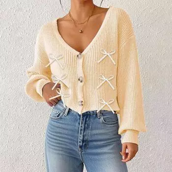 Женский однотонный кардиган на пуговицах с глубоким V-образным вырезом, короткая куртка свободного кроя, повседневный топ L бежевый