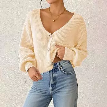 Женский однотонный кардиган на пуговицах с глубоким V-образным вырезом, короткая куртка свободного кроя, повседневный топ L бежевый