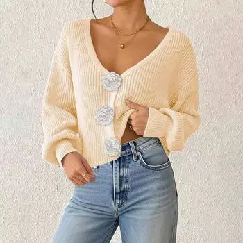 Женский однотонный кардиган на пуговицах с глубоким V-образным вырезом, короткая куртка свободного кроя, повседневный топ L бежевый