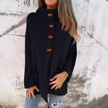 Женский однотонный кардиган с длинным рукавом и лацканами, повседневный, универсальный, трикотажный жакет на пуговицах L чёрный