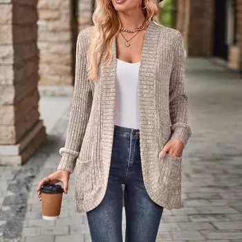 Женский однотонный кардиган с длинными рукавами и открытым передом - универсальный кардиган с карманами для весны и осени S чёрный