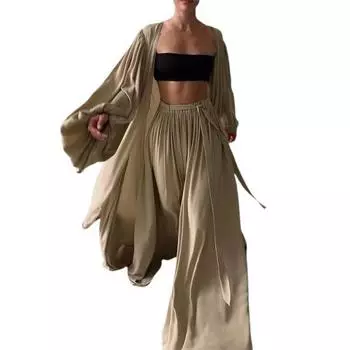 Женский однотонный кардиган с длинными рукавами и широкими брюками, комплект из трех предметов L чёрный