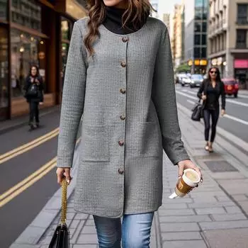 Женский однотонный кардиган с длинными рукавами, круглым вырезом, карманом на пуговицах L