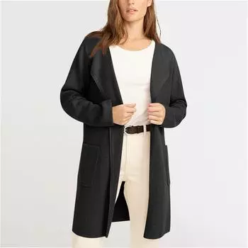 Женский однотонный кардиган с лацканами, твидовое хлопковое пальто, куртка с длинными рукавами и карманом XXL чёрный