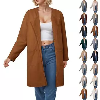 Женский однотонный кардиган с лацканами, твидовое хлопковое пальто, куртка с длинными рукавами и карманом L бежевый