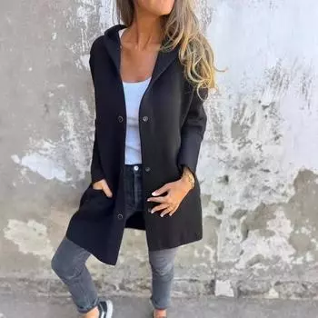 Женский однотонный кардиган, стильное пальто с капюшоном и пуговицами, осенне-зимняя однобортная куртка средней длины с карманами S серый