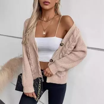 Женский однотонный кардиган, свитер, вязаный из жареного теста, утолщенный, теплый, однобортный, ретро, пальто, короткая куртка, осень и зима S хаки