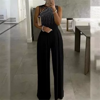 Женский однотонный кирпичный комбинезон без рукавов с круглым вырезом L чёрный