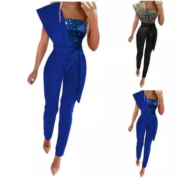 Женский однотонный комбинезон без рукавов с поясом, тонкий комбинезон с блестками L синий