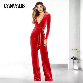 Женский однотонный комбинезон с глубоким V-образным вырезом, длинными рукавами и высокой талией, широкими штанинами S чёрный