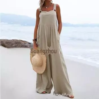 Женский однотонный комбинезон в этническом стиле на пуговицах с широкими брюками (Лето 2023 г.) XL