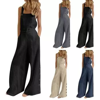 Женский однотонный комбинезон в стиле ретро без рукавов с боковым карманом, повседневный комбинезон с широкими штанинами и боковой пряжкой