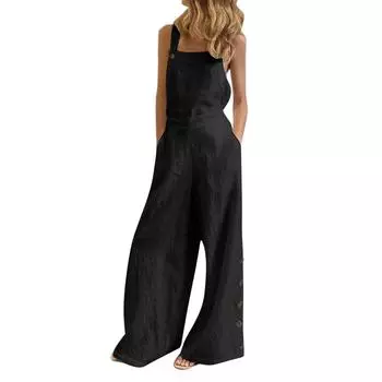 Женский однотонный комбинезон в стиле ретро без рукавов с боковым карманом, повседневный комбинезон с широкими штанинами и боковой пряжкой S