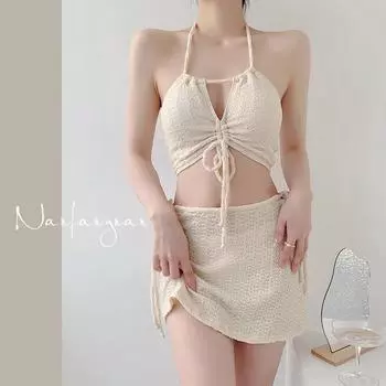 Женский однотонный комплект бикини из 3 предметов, мягкий купальник с открытой спиной, сексуальный комплект купальников, топ с завязками на шее, трусы и боковая юбка с завязками, купальный костюм с горячими источниками S